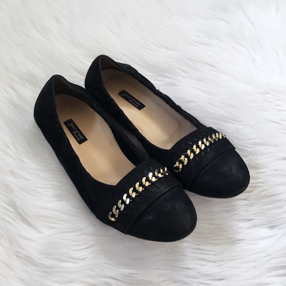 Paul Green Gold Chain Black Suede Flats Shoes